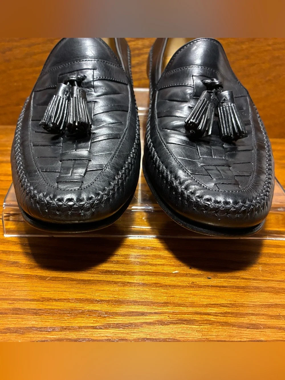 Y2K VTG Johnston & Murphy Woven Black Leather Tassel Kiltie Loafers Men’s 9
